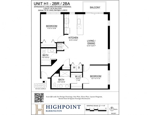 Floor plan for 2 beds, 2 baths, 1256 sqft